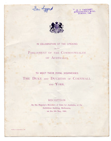 Ephemera - Special event program, In Celebration of the Opening of the Parliament of the Commonwealth of Australia, 1901
