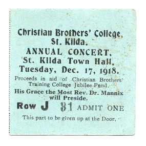 Ephemera - Ticket - concert, Christian Brothers' College St Kilda Annual Concert, 1918