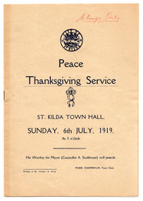 Programme - Program - religious service, Peace Thanksgiving Service, 1919
