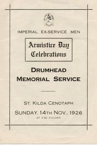 Ephemera - Special event program, Imperial Ex-Service Men Armistice Day Celebrations Drumhead Memorial Service, 1926
