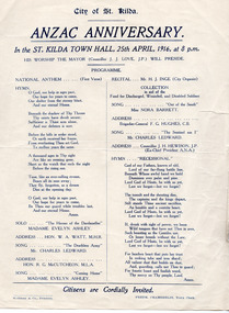 Ephemera - Special event program, City of St Kilda ANZAC Anniversary, 1916