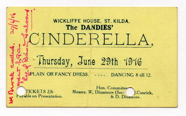 Ephemera - Ticket, The Dandies' Cinderella, 1916