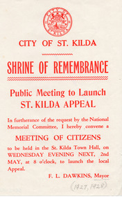 Ephemera - Flyer, Shrine of Remembrance Public Meeting to Launch St Kilda Appeal, c1927