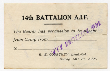 Ephemera - Permit, 14th Battalion AIF permit, 1914-1915