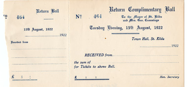 Ephemera - Receipt, Return Complimentary Ball, 1922