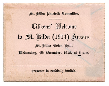 Ephemera - Invitation, Citizens' Welcome to St Kilda (1914) Anzacs, 1918