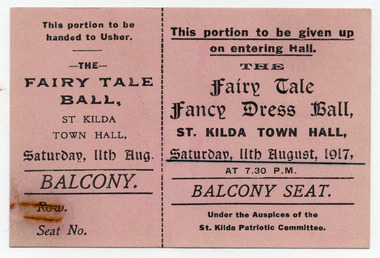 Ephemera - Ticket, The Fairy Tale Fancy Dress Ball, 1917