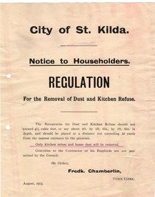 Administrative record - Notice, Notice to Householders. Regulation for the Removal of Dust and Kitchen Refuse, 1913
