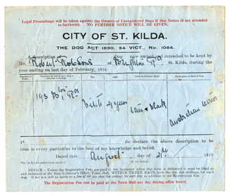 Administrative record - Form, Dog registration forms, 1915