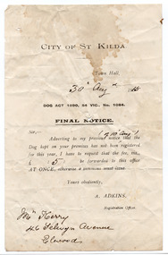 Administrative record - Notice, Final Notice Dog Act, 1915