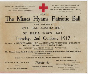 Ephemera - Ticket, The MIsses Hyams' Patriotic Ball, 1917