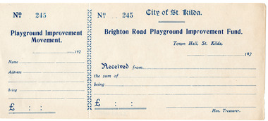 Administrative record - Form, Brighton Road Playground Improvement Fund receipt, c1920s