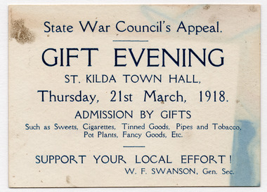 Ephemera - Advertisement, Gift Evening, 1918