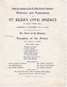 Ephemera - Flyer, Welcome and Presentations to St Kilda's (1914) Anzacs, 1918