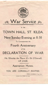 Ephemera - Flyer, War Service for Fourth Anniversary of the Declaration of War, 1918