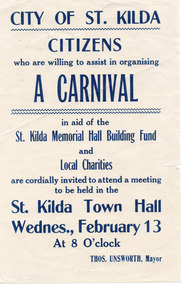 Ephemera - Flyer, City of St Kilda Citizens who are willing to assist in organising a Carnival