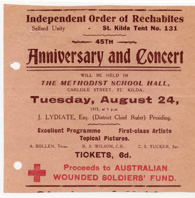 Ephemera - Flyer, Independent Order of Rechabites 45th Anniversary and Concert, 1915