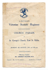 Ephemera - Program - religious service, 1st Battalion Victorian Scottish Regiment Church Parade, 1911