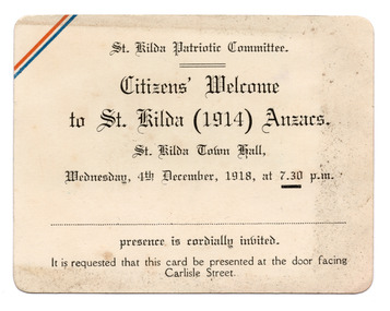 Ephemera - Invitation, Citizens' Welcome to St Kilda (1914) Anzacs, 1918