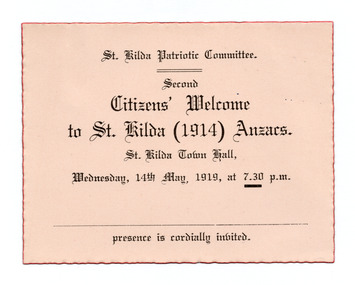 Ephemera - Invitation, Second Citizens' Welcome to St Kilda (1914) Anzacs, 1919