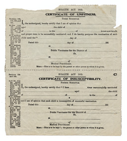 Administrative record - Forms, Certificate of Unfitness and Certificate of Insusceptibility, c1915
