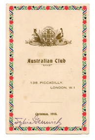 Ephemera - Seasonal card, Australian Club Christmas, 1918
