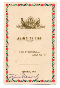 Ephemera - Seasonal card, Australian Club Christmas, 1918, 1918