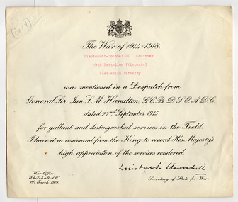Certificate - Military honour, Mention in Despatch Lt Col RE Courtney, 1919