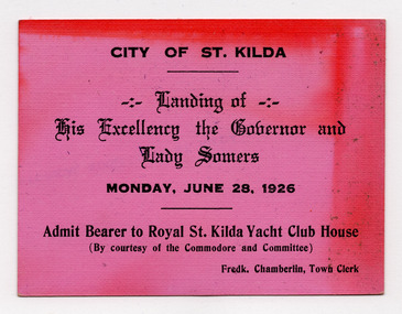 Ephemera - Ticket, Landing of His Excellency the Governor and Lady Somers, 1926