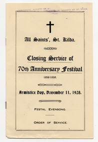 Ephemera - Program - religious service, Closing Service of 70th Anniversary Festival, 1928