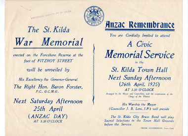 Ephemera - Flyer, Anzac Remembrance, A Civic Memorial Service, 1925