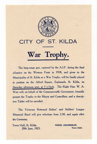 Ephemera - Flyer, War Trophy, 1923