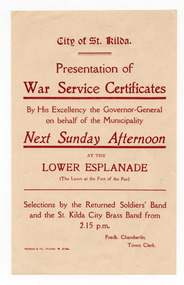 Ephemera - Flyer, Presentation of War Service Certificates, 1921