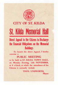 Ephemera - Flyer, St Kilda Memorial Hall Direct Appeal to the Citizens to Discharge the Financial Obligation on the Memorial Buildings, 1928
