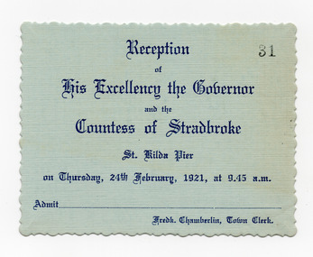 Ephemera - Ticket, Reception of His Excellency the Governor and the Countess of Stradbroke, 1921