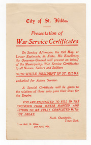 Ephemera - Flyer, Presentation of War Service Certificates, 1921