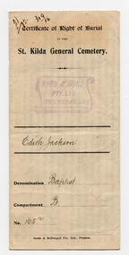 Legal record - Certificate, Certificate of Right of Burial in the St Kilda General Cemetery, 1929