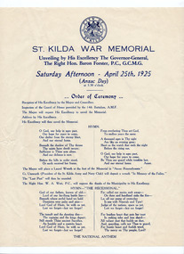 Ephemera - Special event program, St Kilda War Memorial Unveiling by His Excellency The Governor-General, 1925