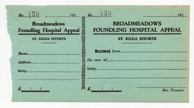 Financial record - Receipt form, Broadmeadows Founding Hospital Appeal, 1920s