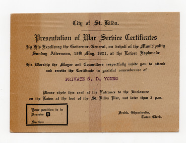 Ephemera - Entree card, Presentation of War Service Certificates, 1921