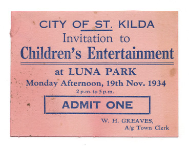 Ephemera - Ticket, Children's Entertainment at Luna Park, 1934