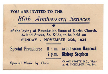 Ephemera - Invitation, 80th Anniversary Services, 1934