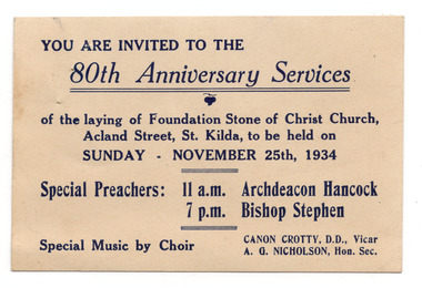 Ephemera - Invitation, 80th Anniversary Services, 1934