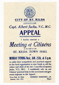 Ephemera - Flyer, Capt Albert Jacka VC MC Appeal, 1932