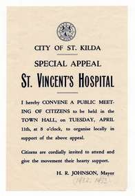 Ephemera - Flyer, Special Appeal St Vincent's Hospital, 1933