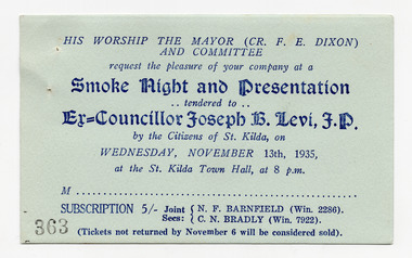 Ephemera - Ticket, Smoke Night and Presentation tendered to Ex-Councillor Joseph B Levi J.P, 1935