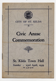 Ephemera - Special event program, Civic Anzac Commemoration, 1939