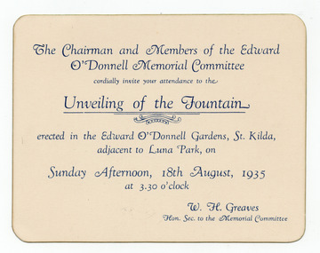 Ephemera - Invitation, Unveiling of the Fountain, 1935