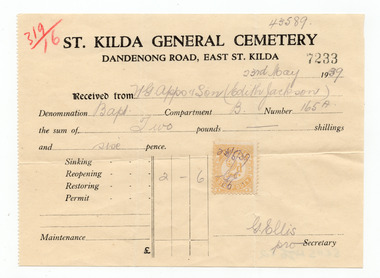 Administrative record - Receipt, St Kilda General Cemetery, 1939