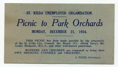Ephemera - Ticket, Picnic to Park Orchards, 1936